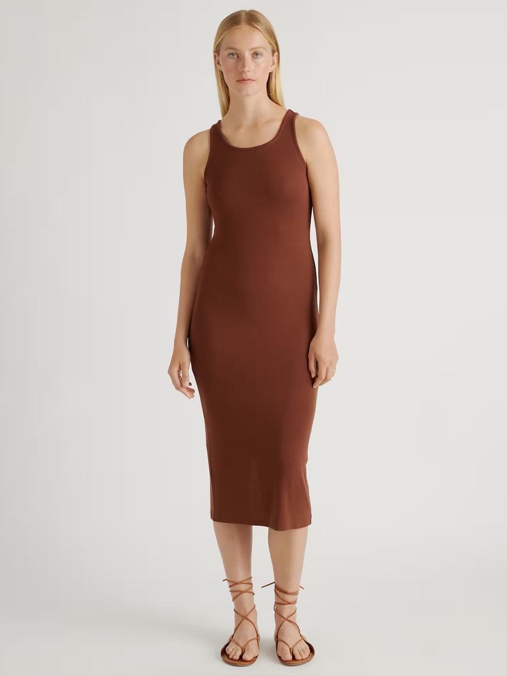 Quince Tencel Rib Knit Sleeveless Dress Ribbed Tank Top Dress Brown Size Small